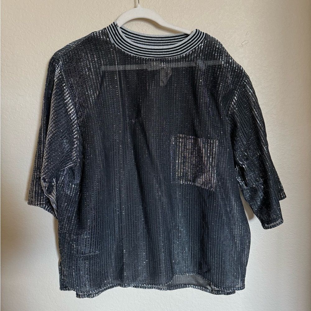 Vintage 90s Oversized Metallic Shimmer Sheer T-Shirt Sz‎ Medium Silver Black NEW